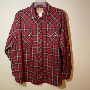 Wrangler Mens 2XL Shirt Red(burgundy)Blue Western Plaid Pearl Snap‎ Pockets